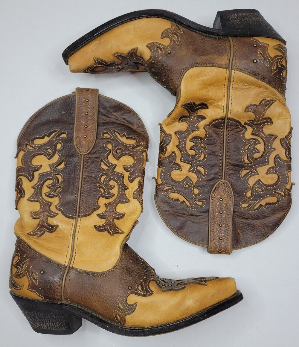 Rockin Country Tan Leather Studded Embellished Western Boots Cowboy RC5082 Sz 9M